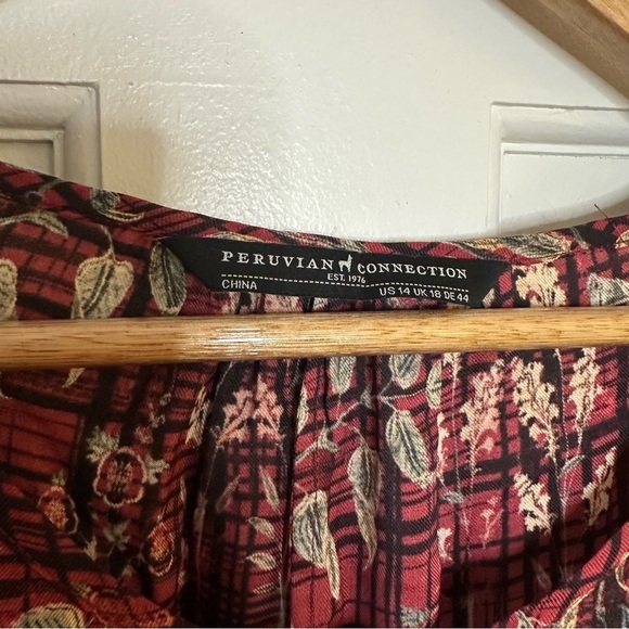 Peruvian Connection Silk Blend Tunic Long Sleeve Dress Red Floral Abstract 14 - Picture 2 of 6